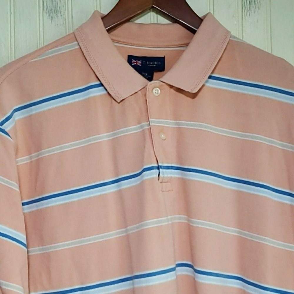 T. Harris Polo Shirt Mens 2XL Pink Stripe Short Sleeve Cotton Knit Top